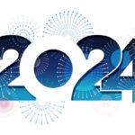 The Year 2024 New Year’s Greeting Symbol Logo Decorated With Fireworks. Vector Illustration Isolated On A White Background.