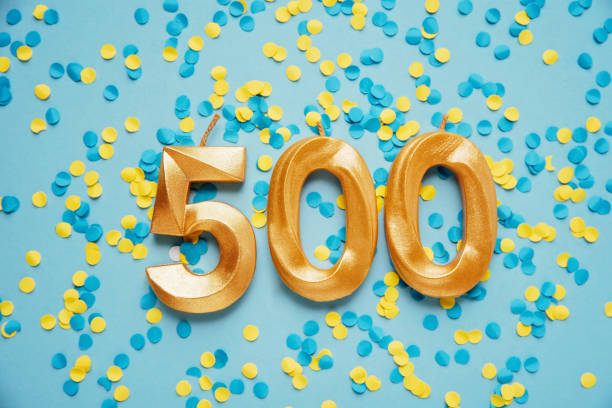 500 followers card. Template for social networks, blogs. yellow and blue confetti Background. Social media celebration banner. 500 online community fans. five hundred subscriber