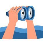 Hands with binoculars. Symbol of searching for information on Internet, recruiting employees to company or espionage. Search engine optimization online, SEO. Cartoon flat vector illustration