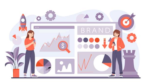 Brand online service. Girl on background of graphs and diagrams, colleagues and partners, analytics, infographics and work with information. Knowledge and information. Cartoon flat vector illustration