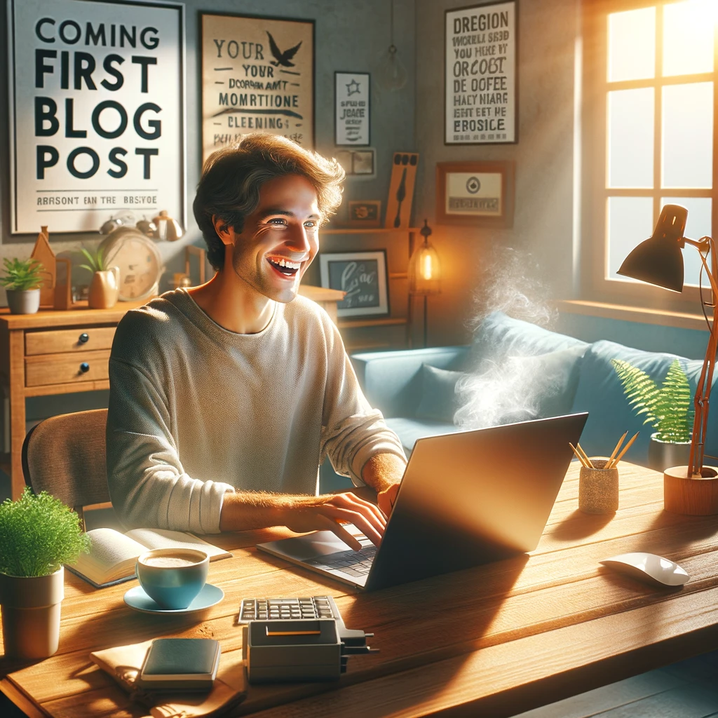 A young man sitting in front of his computer writing his first blog post.