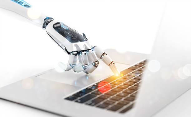 White robot cyborg hand pressing a keyboard on a laptop 3D rendering