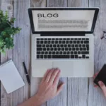 writing a blog, blogger influencer reading text on screen, social media