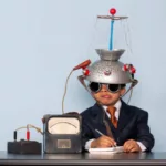 A young boy dressed as a businessman is ready to use the power of his mind to promote his business.